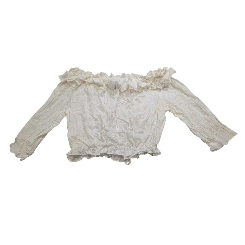 SAUCi White Cotton Gauze Ruffle Crop Top Women L Boho Peasant Off Shoulder Y2K